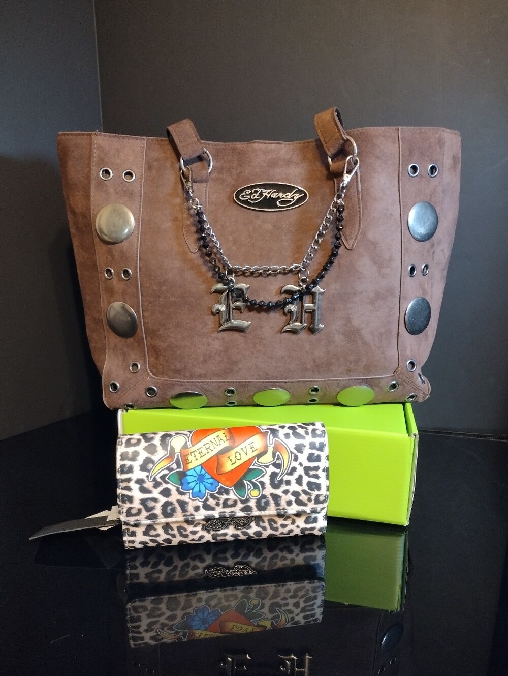 Ed Hardy Purse Large Tote Faux Leather/Suede With Wallet